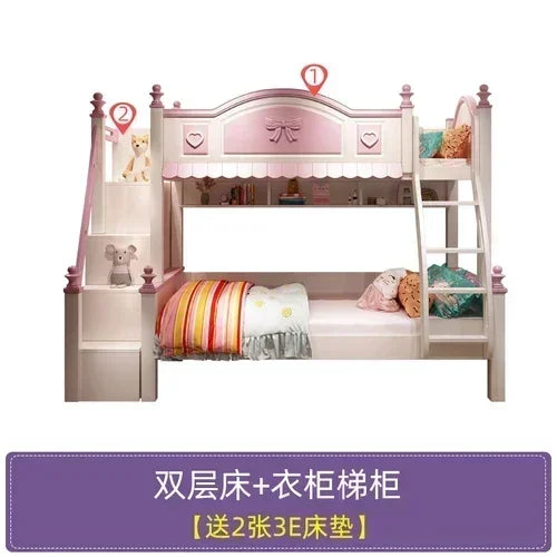 Cama infantil de madera para madres y niñas, edredones para bebés, cunas familiares, loft bajo, rosa, corrales para recién nacidos, litera para niños