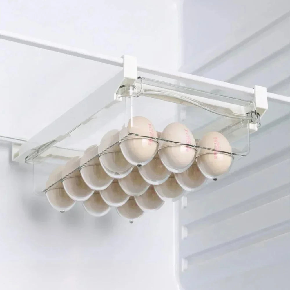 Organizador de refrigerador transparente, caja de almacenamiento para huevos de frutas, cajón debajo del estante, organizador de cocina para mantener la frescura.