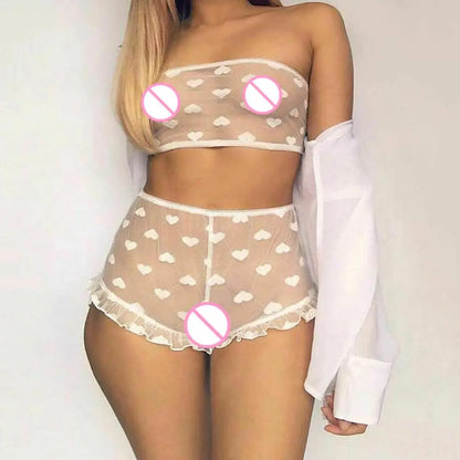 Conjunto de ropa interior erótica para mujer, top de tubo con estampado de corazones transparente, microshorts de encaje, lencería sin entrepierna, body sexy de encaje tipo babydoll.