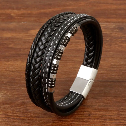 Brazalete punk multicapa de acero inoxidable, pulsera de cuero de alta calidad para hombres y mujeres, nuevo diseño de moda, joyería trenzada para mano masculina.