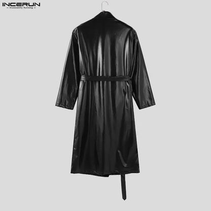 Abrigo INCERUN para hombre, de piel sintética lisa, con solapa, manga larga, estilo gabardina informal, estilo punk urbano, cortavientos.