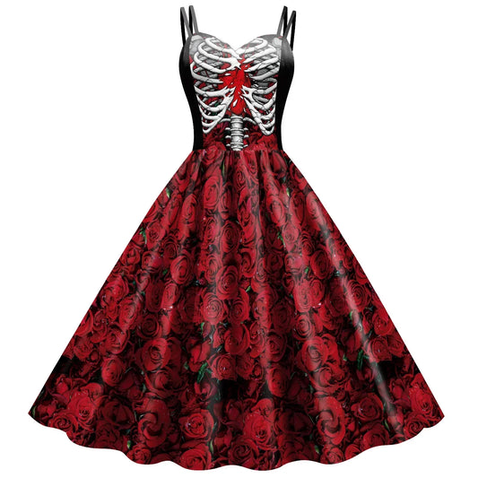 Halloween Costume Skeleton Rose Print Women Girl Female Goth Horror Rockabilly Carnival Fancy Dress Up Party Performance