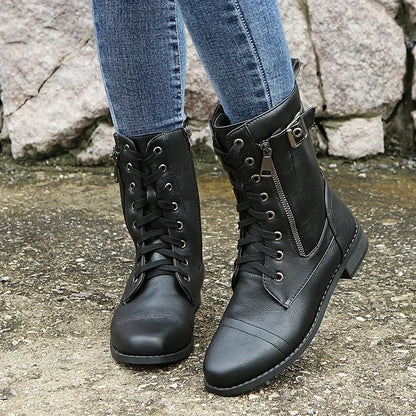 Botines de tacón cuadrado para mujer, botas de trabajo cortas de piel sintética para otoño e invierno, botas elásticas con cordones de talla grande para mujer 2024