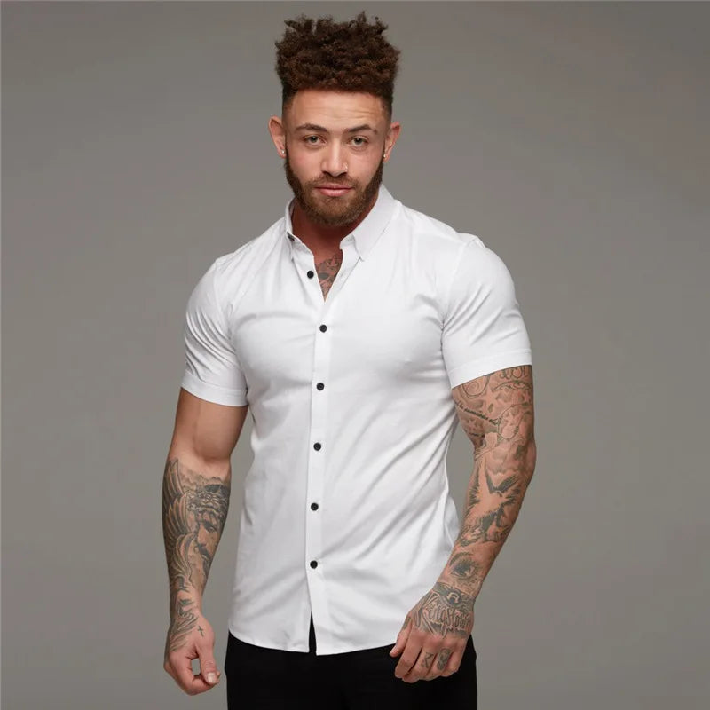 Camisas de vestir ajustadas para hombre, estilo casual de verano, con cuello vuelto, manga corta y botones LXDZ-110