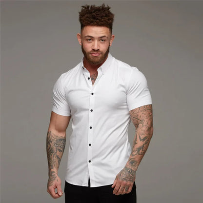 Camisas de vestir ajustadas para hombre, estilo casual de verano, con cuello vuelto, manga corta y botones LXDZ-110