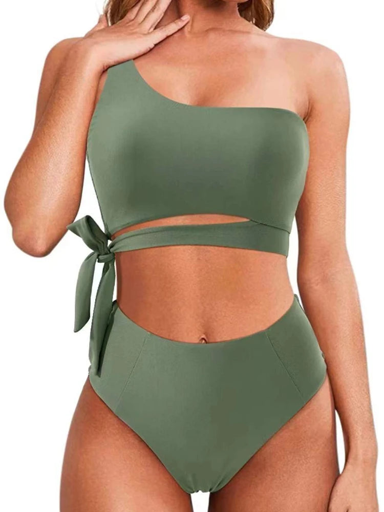 Bikini de un solo hombro para mujer, traje de baño dividido, color liso, traje de baño de playa de verano, traje de baño para mujer