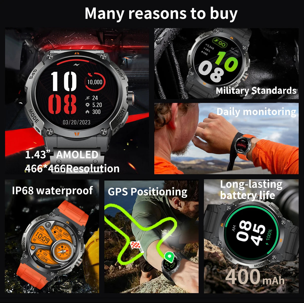LIGE - Nuevo reloj inteligente con GPS para hombre, llamadas Bluetooth, batería grande de 400 mAh, pantalla AMOLED de 1,43 pulgadas, voz IA, IP68, resistente al agua