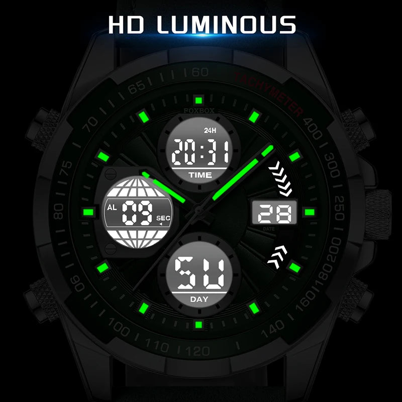 FOXBOX - Reloj de lujo para hombre, de marca superior, con alarma LED, de cuarzo, de cuero, resistente al agua, luminoso