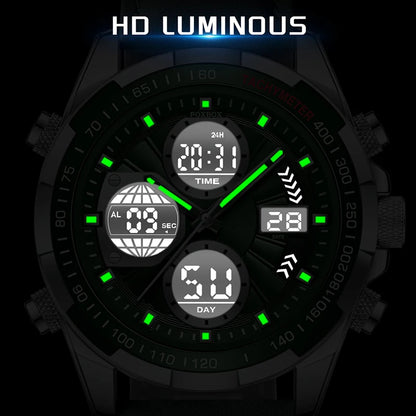 FOXBOX - Reloj de lujo para hombre, de marca superior, con alarma LED, de cuarzo, de cuero, resistente al agua, luminoso