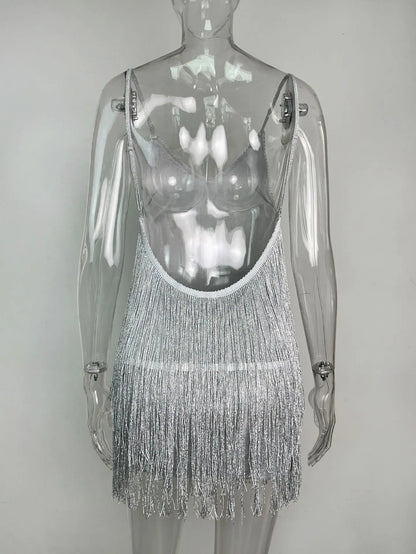 Leosoxs - Vestido mini ajustado con flecos, escote en V profundo, tirantes finos, borlas y espalda descubierta para mujer, estilo Gatsby, para cóctel o fiesta