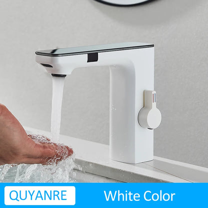 Grifo de lavabo inteligente con sensor, color gris plomo, pantalla digital, mezclador de agua fría y caliente, grifo sin contacto para lavabo de baño