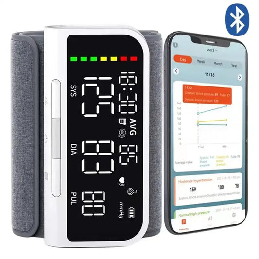 Monitor de presión arterial con voz Bluetooth, monitor de presión arterial de brazo, monitor de presión arterial con pantalla LCD grande inteligente USB