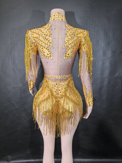 Sexy Skinny Leotard Singer Dancer Show StageWear Sparkly Blue Rhinestones Women DanceCostume Fringes One Shoulder Bodysuit  7G