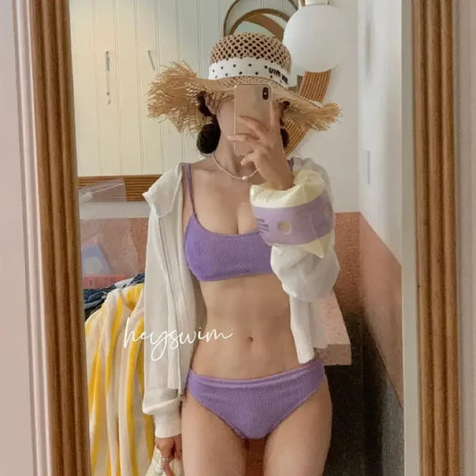 Conjunto de bikini multicolor estilo coreano japonés para mujer, traje de baño de vacaciones para niña, diseño de colores separados, ropa de playa de moda