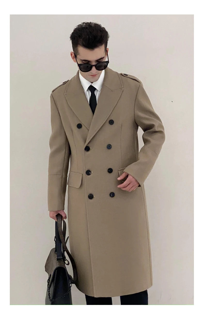 Worsted pure wool coat for men super long, knee length double breasted thickened and warm classic business wool coat for men