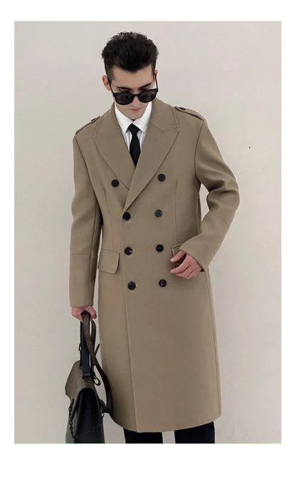Worsted pure wool coat for men super long, knee length double breasted thickened and warm classic business wool coat for men