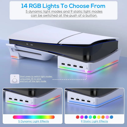 Soporte horizontal IPEGA con luz LED RGB para consola PS5 Slim, accesorio con 14 modos de luz y 4 puertos USB.