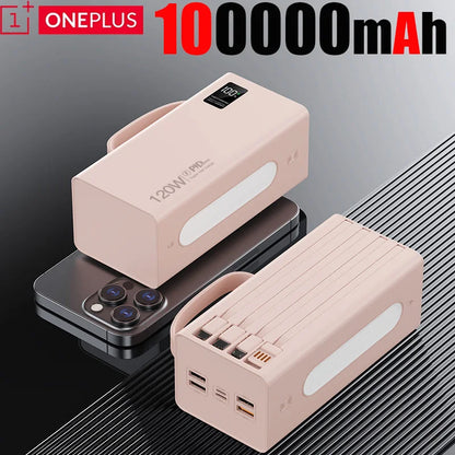 ONEPLUS - Cargador portátil de alta capacidad de 500.000 mAh y 120 W, 4 en 1, con cables y carga rápida para iPhone y Samsung.