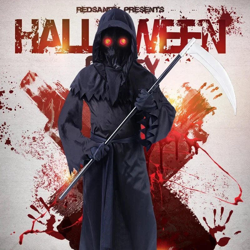 Child Horror Red Eye Grim Reaper Costume Scythe Devil Darkseid Ghost Cosplay Suit Halloween Hooded Party Dress Gloves