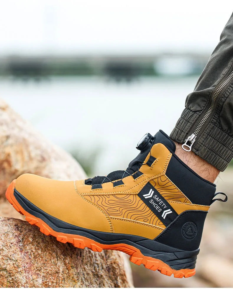 Zapatos de seguridad para hombre, de caña alta, universales para las cuatro estaciones, con hebilla giratoria antideslizante, puntera de acero, antiaplastamiento y antiperforación.