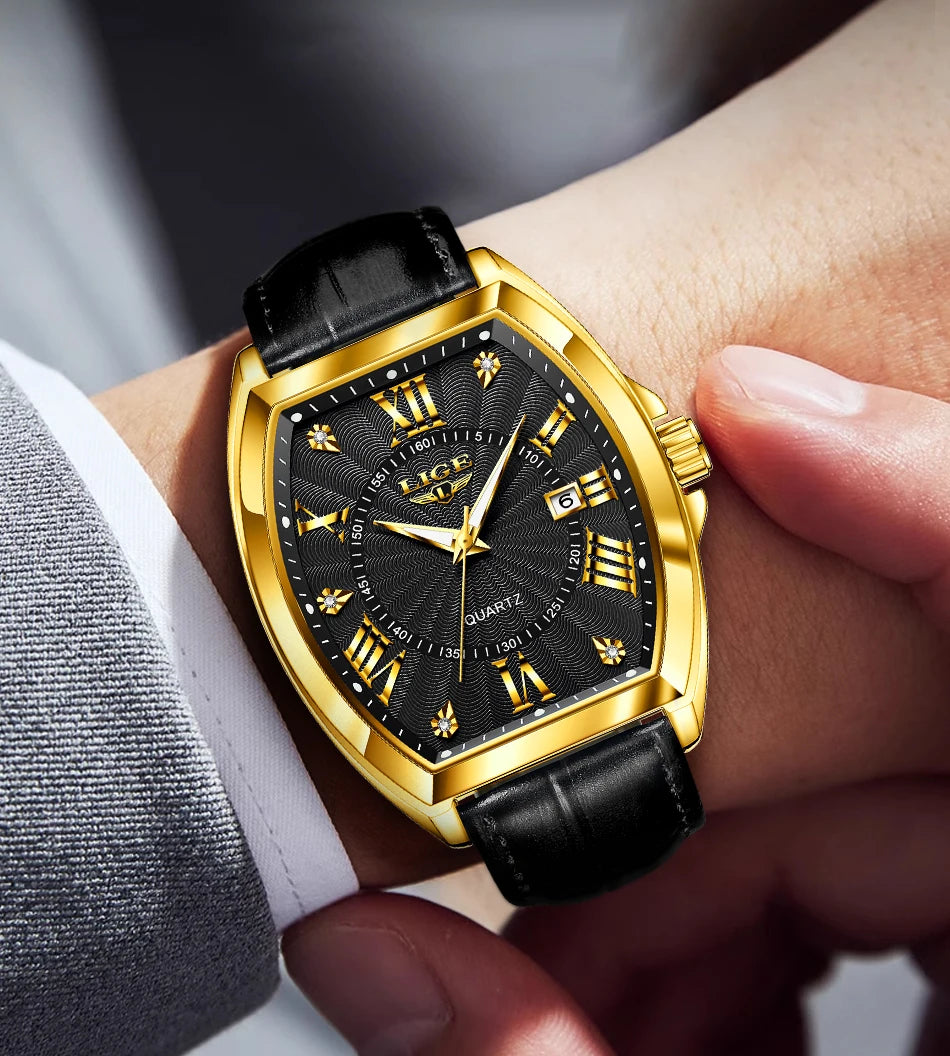 LIGE - Nuevos relojes militares para hombre, marca original de lujo, de cuero, de cuarzo, cronógrafo cuadrado resistente al agua