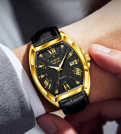 LIGE - Nuevos relojes militares para hombre, marca original de lujo, de cuero, de cuarzo, cronógrafo cuadrado resistente al agua