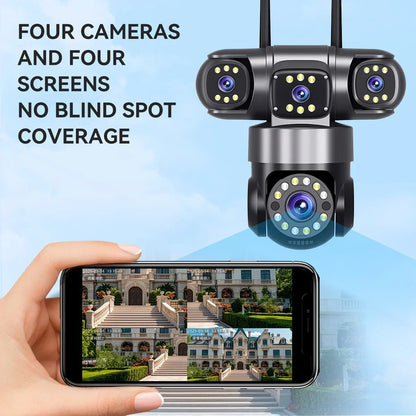 Cámara de seguridad para el hogar 10K 20MP para exteriores con WiFi, 4 lentes, 4 pantallas, zoom 360° 16X, CCTV, vigilancia inalámbrica, PTZ, protección de seguridad