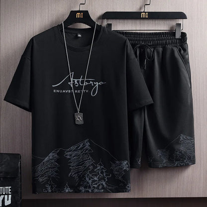 Conjunto informal de dos piezas para hombre, camiseta de manga corta y pantalones cortos, estilo veraniego, ropa deportiva y elegante.