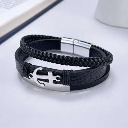 Pulsera de cuero para hombre. Pulsera de cuero trenzado multicapa versátil con forma de ancla retro, adecuada para regalos de hombre.