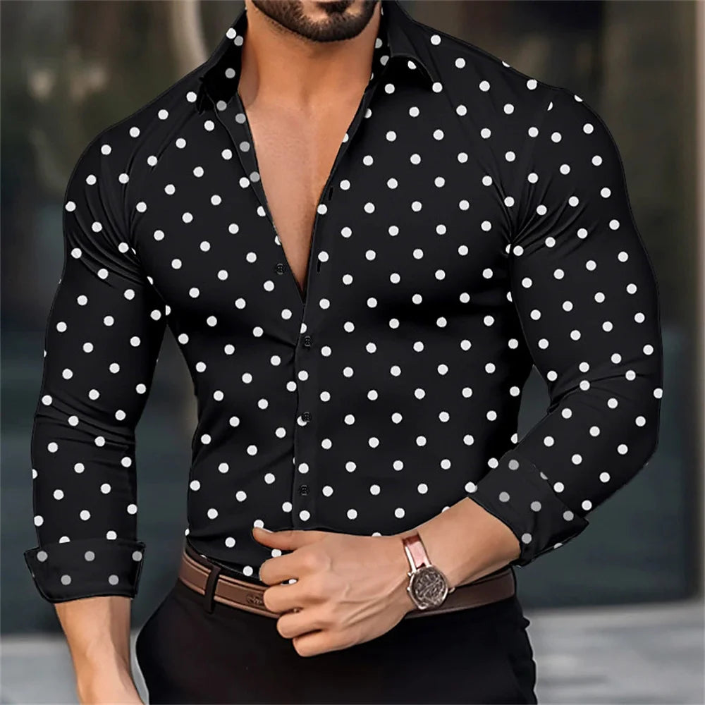 Camisa de manga larga para hombre con estampado de lunares, solapa y botones. Estilo veraniego informal, ideal para la moda hawaiana.
