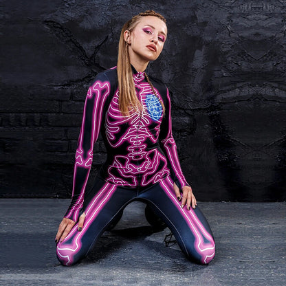 [You're My Secret] Halloween Cosplay Costume for Women Adults Skeleton 3D Printed Cyberpunk Zipper Bodysuit Party Fancy Dresses