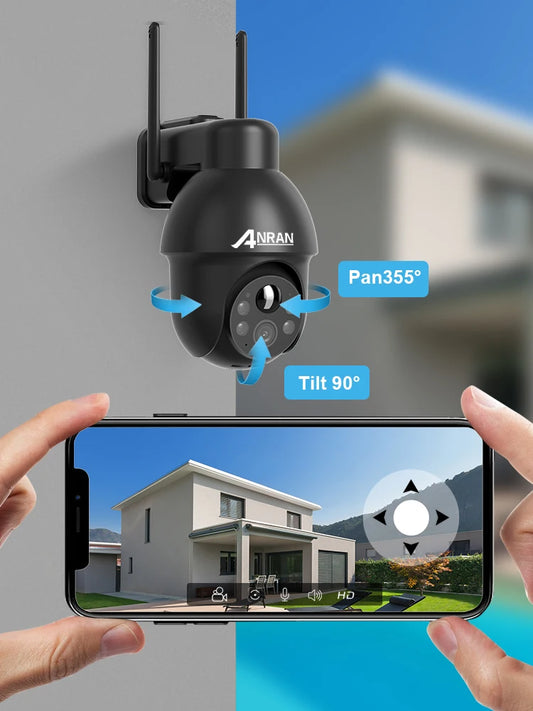 Cámara de seguridad inalámbrica solar ANRAN de 3 MP para exteriores con WiFi, audio bidireccional, resistente al agua IP66, visualización remota, flash y foco.