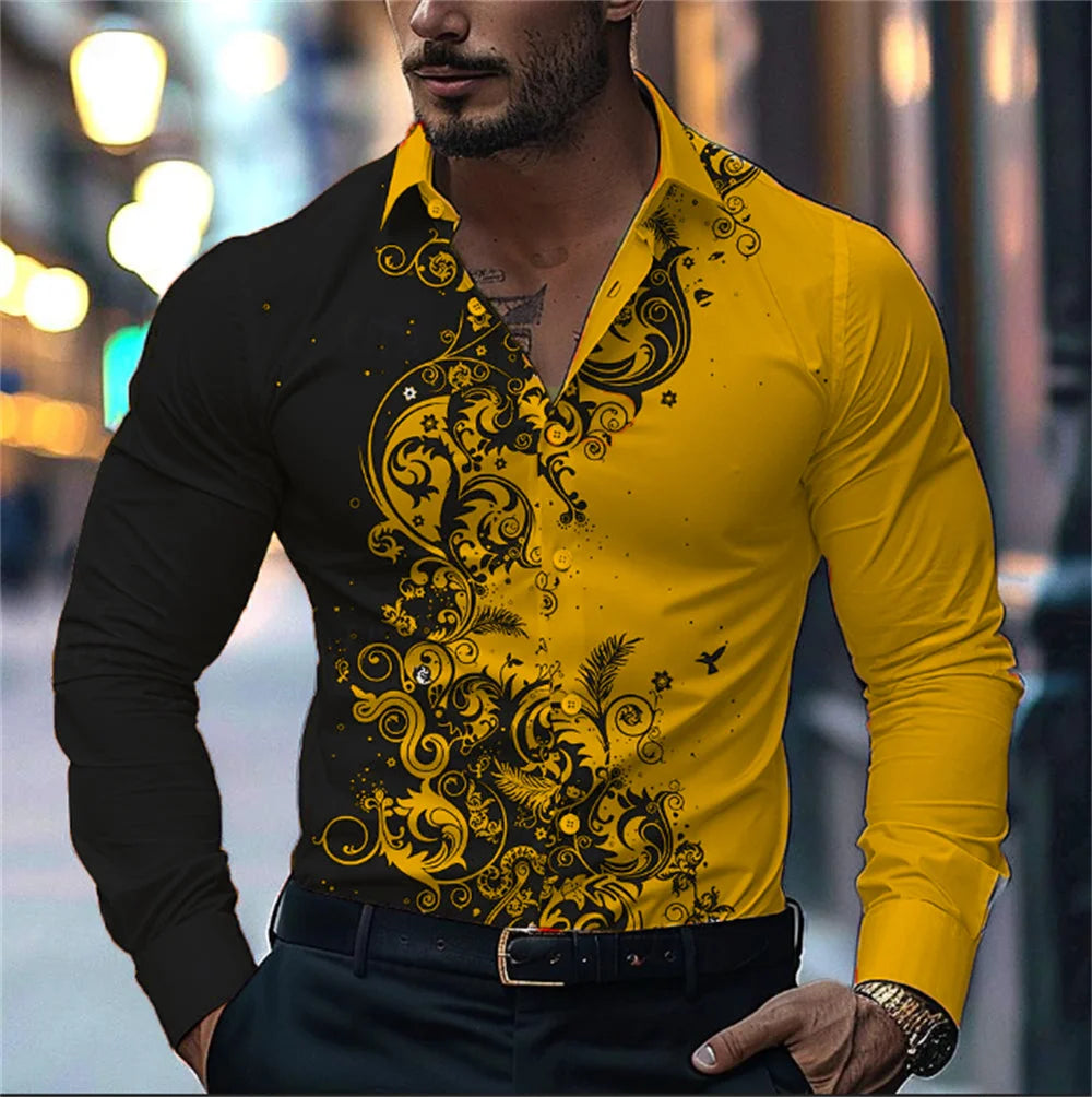 Camisa estampada con degradado para hombre, estilo informal elegante, manga larga con solapa, ideal para fiestas y eventos sociales, 9 colores