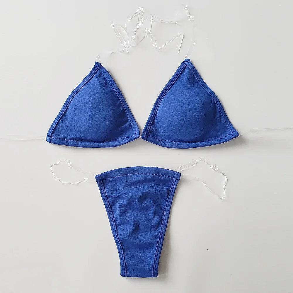 Traje de baño para mujer, bikini sexy transparente con tirantes triangulares, tanga de dos piezas, color sólido, ropa de playa, traje de baño para spa