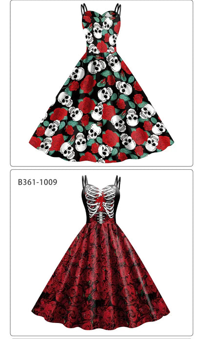 Halloween Costume Skeleton Rose Print Women Girl Female Goth Horror Rockabilly Carnival Fancy Dress Up Party Performance
