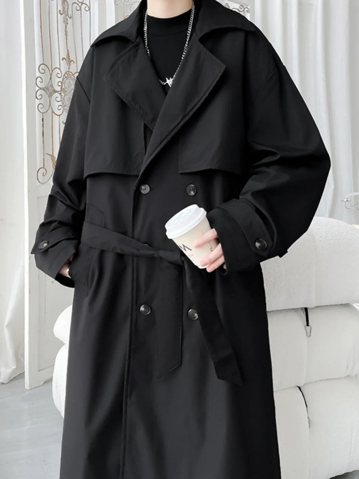 Gabardina de hombre, corte ajustado, cruzada, con cinturón, cortavientos, solapa, chaqueta larga, informal, impermeable, tallas M-5XL