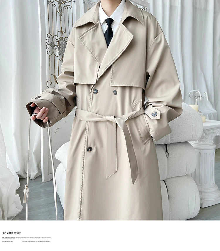 Gabardina de hombre, corte ajustado, cruzada, con cinturón, cortavientos, solapa, chaqueta larga, informal, impermeable, tallas M-5XL