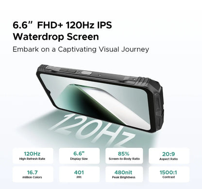 Teléfono resistente DOOGEE S Cyber ​​Pro, 12 GB de RAM, 512 GB de almacenamiento, procesador Helio G100, pantalla IPS FHD+ de 6,6" y 120 Hz, batería de gran capacidad de 10800 mAh, carga de 33 W y NFC.