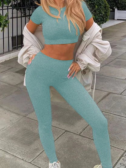 Conjunto de yoga de verano para mujer, cuello redondo, cintura alta, levantamiento de cadera, ajustado, moldeador, conjunto deportivo de dos piezas para fitness