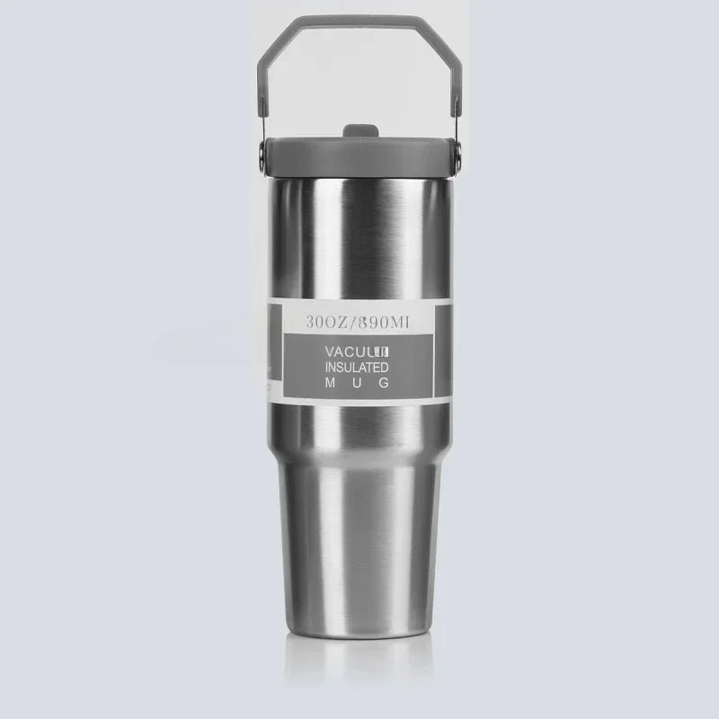 Vaso portátil de acero inoxidable de 30 oz con aislamiento para coche, con pajita y doble pajita para bebidas frías, ideal para usar en el vehículo.