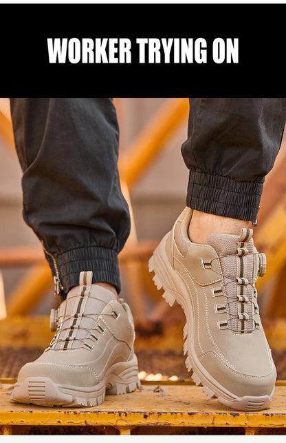 Calzado de seguridad para hombre con diseño de botones, puntera de acero, resistente a la compresión y suela antideslizante para trabajo en exteriores y talleres.