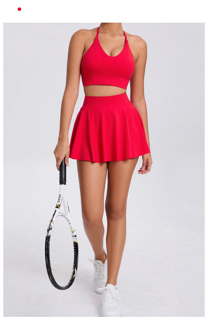 Conjunto de yoga para mujer, sujetador deportivo para exteriores, falda de tenis antiexposición, camiseta sin mangas de yoga transpirable de secado rápido, novedad de 2025