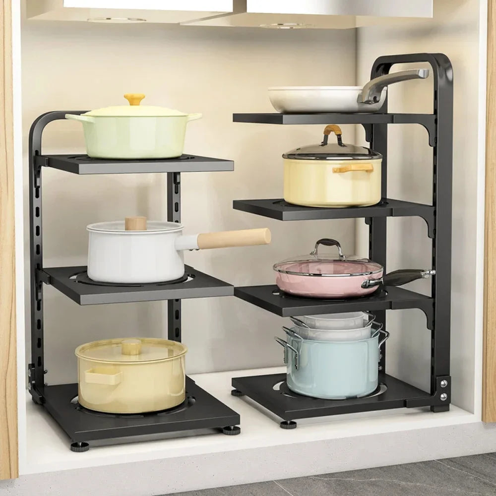 Estante para ollas en capas para fregadero, organizador de sartenes de cocina con capas libres, resistente a la oxidación, de acero inoxidable, ajustable, para almacenar ollas debajo del gabinete