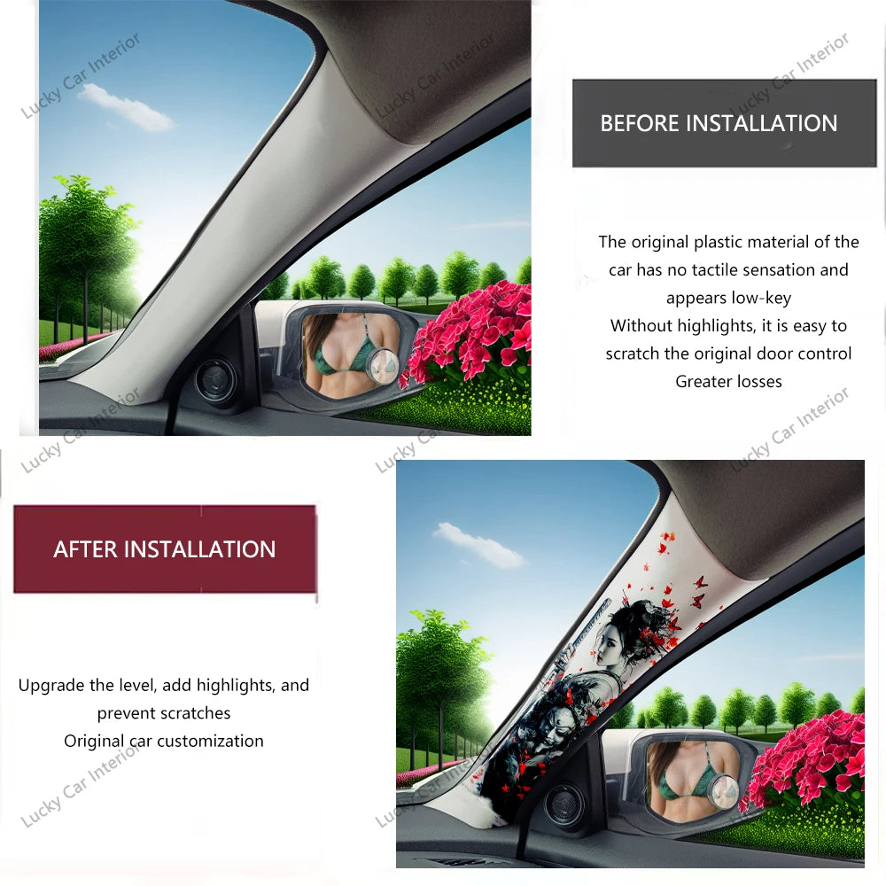 Modificación del pilar A del interior del automóvil, productos de decoración con calcomanías para el pilar A, patrón de chica genial adecuado para todos los modelos