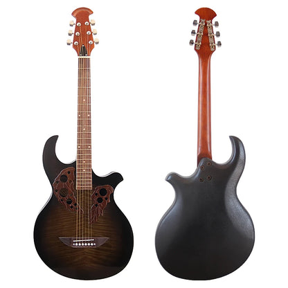 Guitarra acústica de fondo redondo con pequeños defectos, tapa flameada de alto brillo, 6 cuerdas, 38"