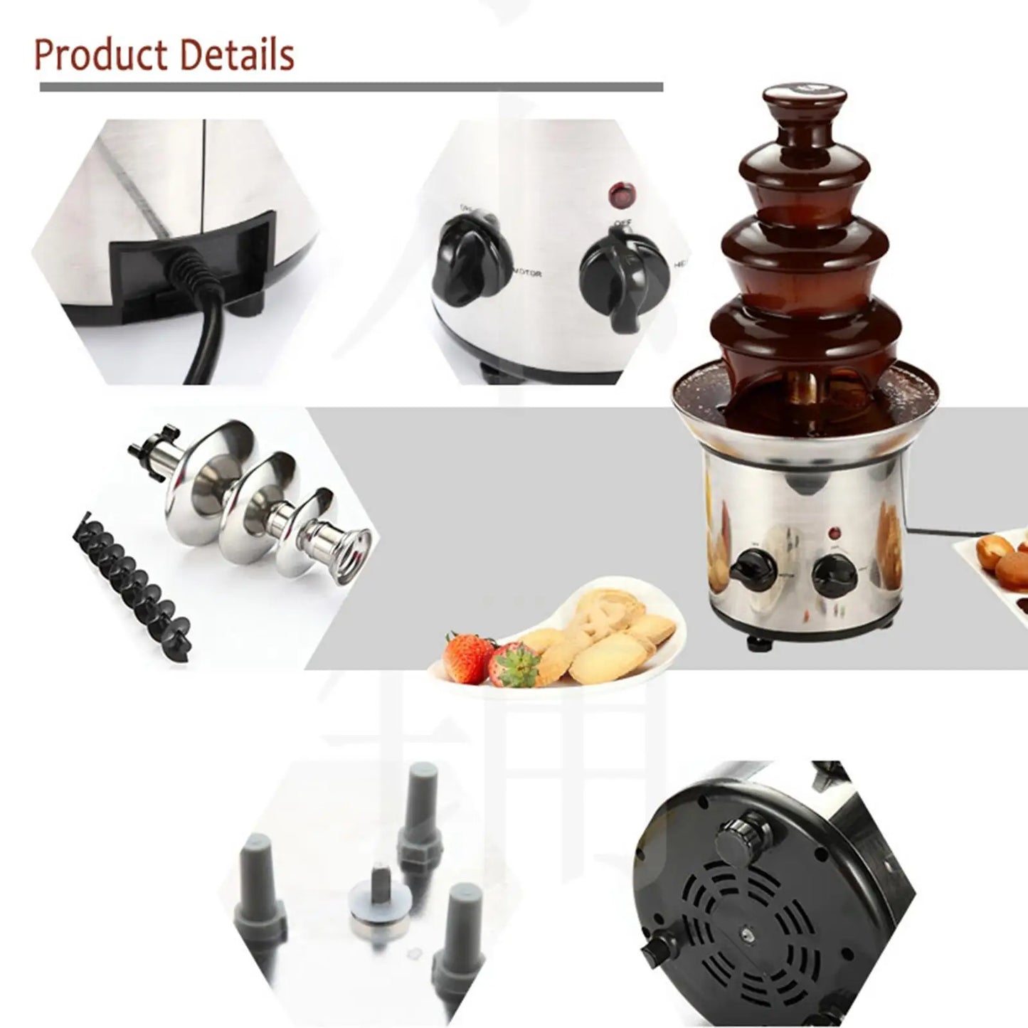 Fuente de chocolate de acero inoxidable de 4 capas, fundidor de chocolate con calentador, máquina de fondue, dispensador de cascada para fiestas, enchufe estadounidense.