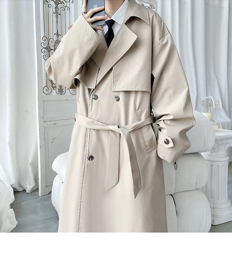 Gabardina de hombre, corte ajustado, cruzada, con cinturón, cortavientos, solapa, chaqueta larga, informal, impermeable, tallas M-5XL