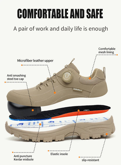 Calzado de seguridad para hombre con diseño de botones, puntera de acero, resistente a la compresión y suela antideslizante para trabajo en exteriores y talleres.