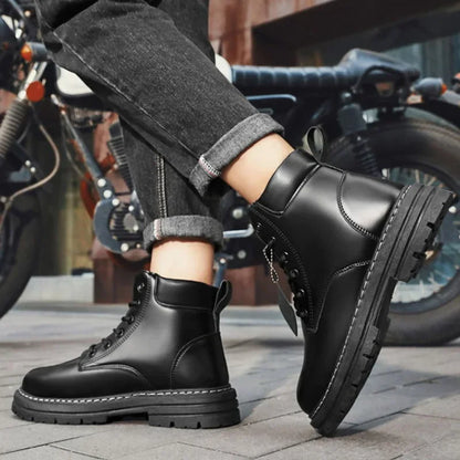 Botas altas de cuero para hombre, botines de moda para exteriores, con cordones, cómodas, planas y antideslizantes