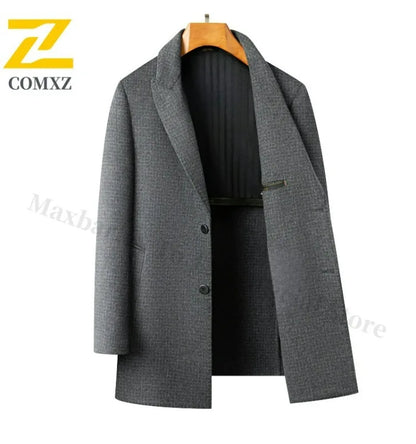 Abrigo de lana de doble faz para hombre, colección invierno 2025, estilo clásico informal de negocios, con solapa de muesca. Gabardina premium de largo medio.